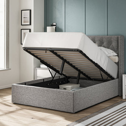 Lowick Grey Linen Double Upholstered Ottoman Bed Frame