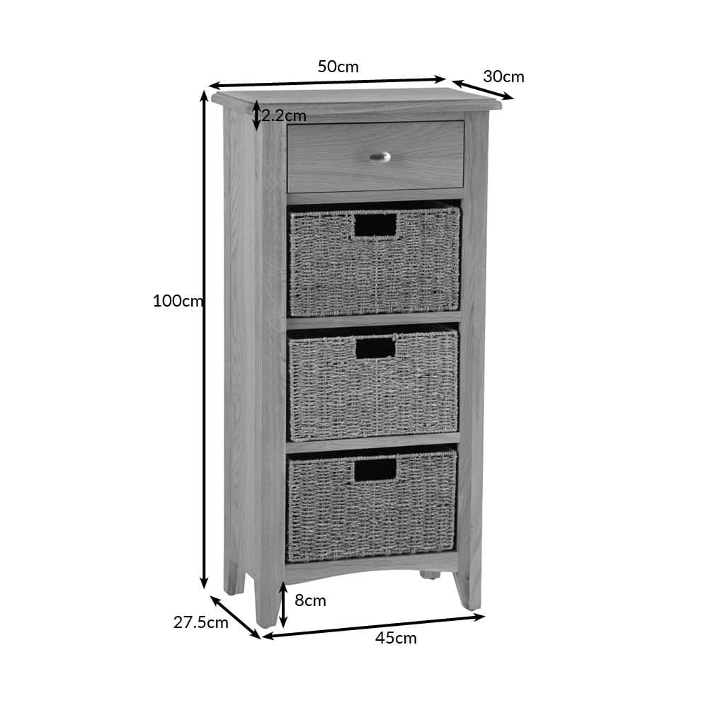 Gloucester Oak 1 Drawer 3 Wicker Basket Cabinet