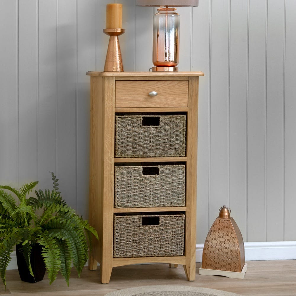 Gloucester Oak 1 Drawer 3 Wicker Basket Cabinet