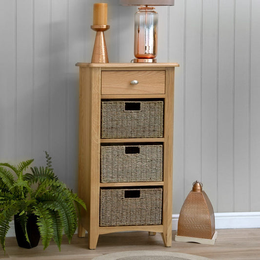Gloucester Oak 1 Drawer 3 Wicker Basket Cabinet