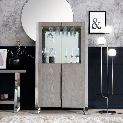 Milan Chrome & Oak Glass Drinks Cabinet