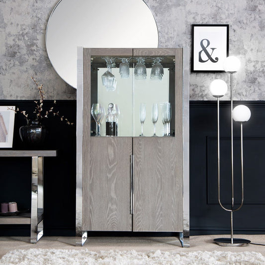 Milan Chrome & Oak Glass Drinks Cabinet