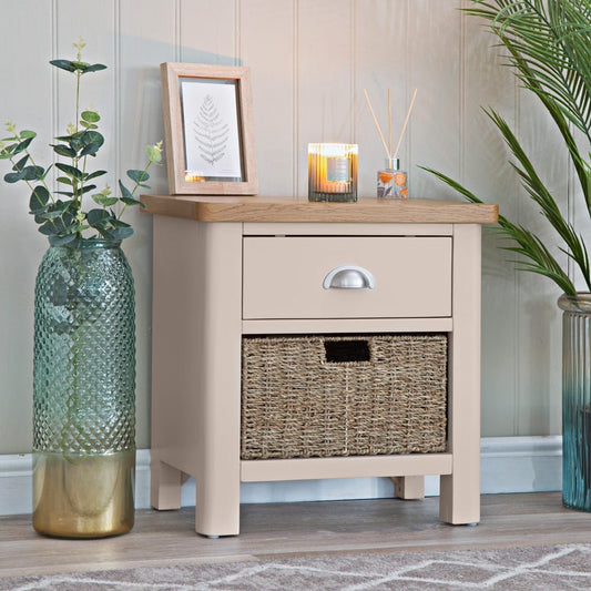 Rutland Painted Oak 1 Drawer 1 Wicker Basket Cabinet