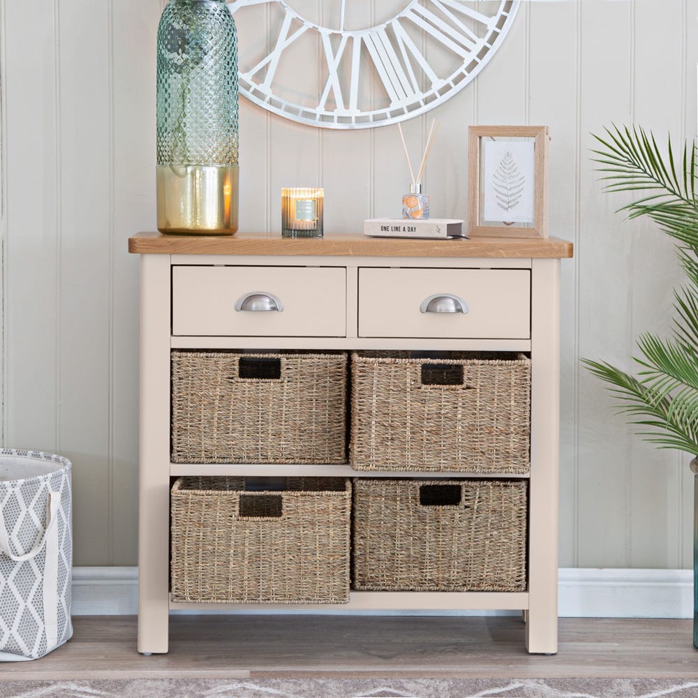 Rutland Painted Oak 2 Drawer 4 Wicker Basket Cabinet
