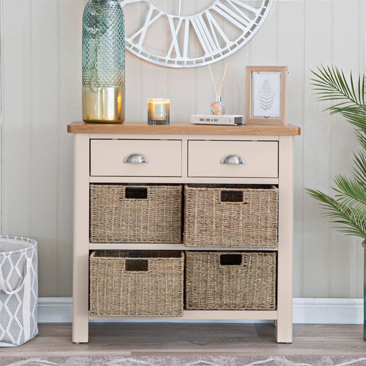 Rutland Painted Oak 2 Drawer 4 Wicker Basket Cabinet