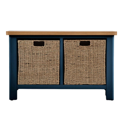 Rutland Blue Painted Oak Hall Bench with Wicker Baskets