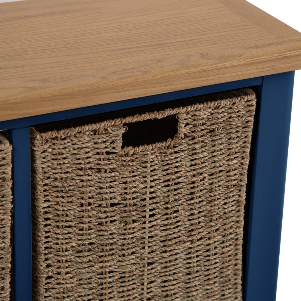 Rutland Blue Painted Oak Hall Bench with Wicker Baskets