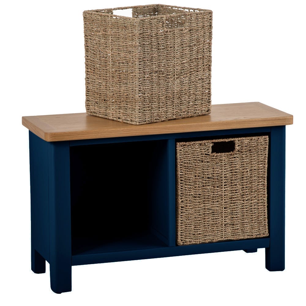 Rutland Blue Painted Oak Hall Bench with Wicker Baskets