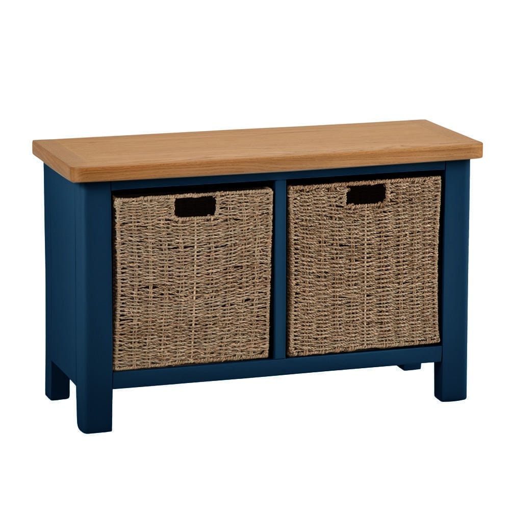 Rutland Blue Painted Oak Hall Bench with Wicker Baskets