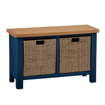 Rutland Blue Painted Oak Hall Bench with Wicker Baskets
