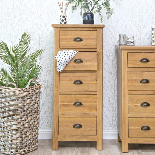 Rutland Oak 5 Drawer Tallboy