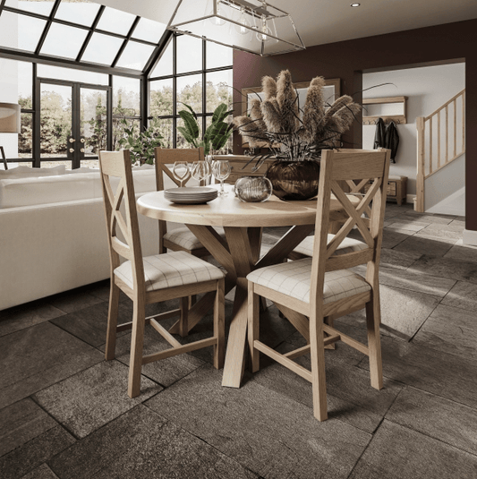 Wessex Smoked Oak Small Round Cross Leg Dining Table - The Furniture Warehouse